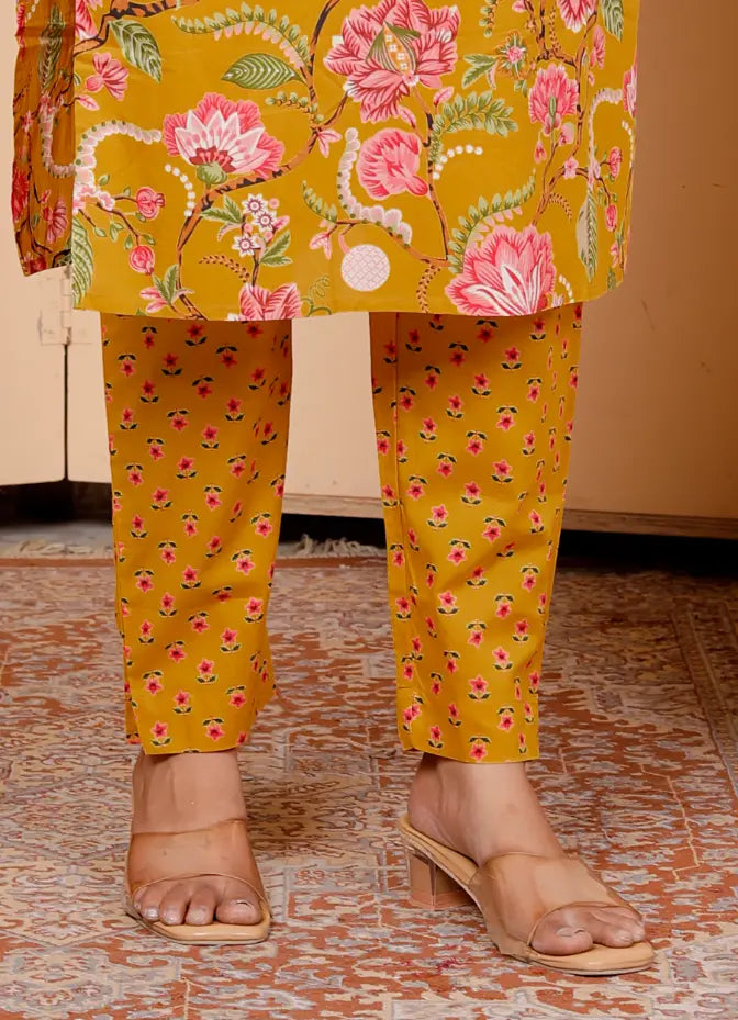 Rust Printed Floral Kurti Bottom and Dupatta Set