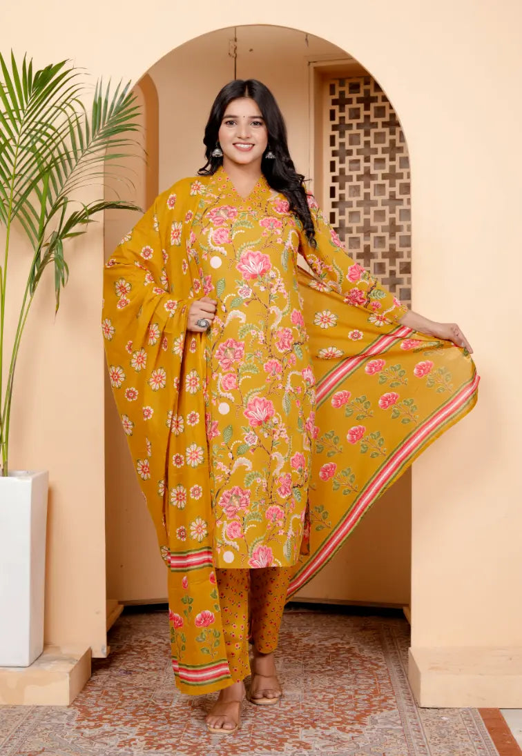 Rust Printed Floral Kurti Bottom and Dupatta Set