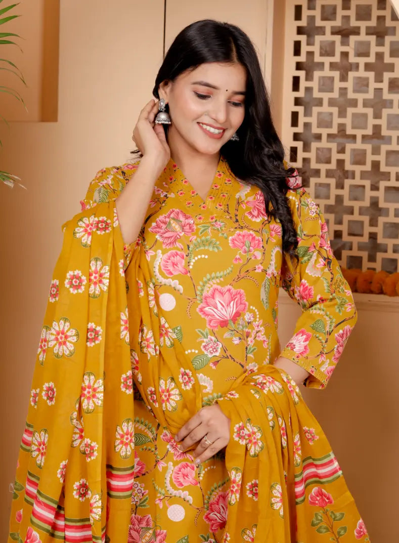 Rust Printed Floral Kurti Bottom and Dupatta Set