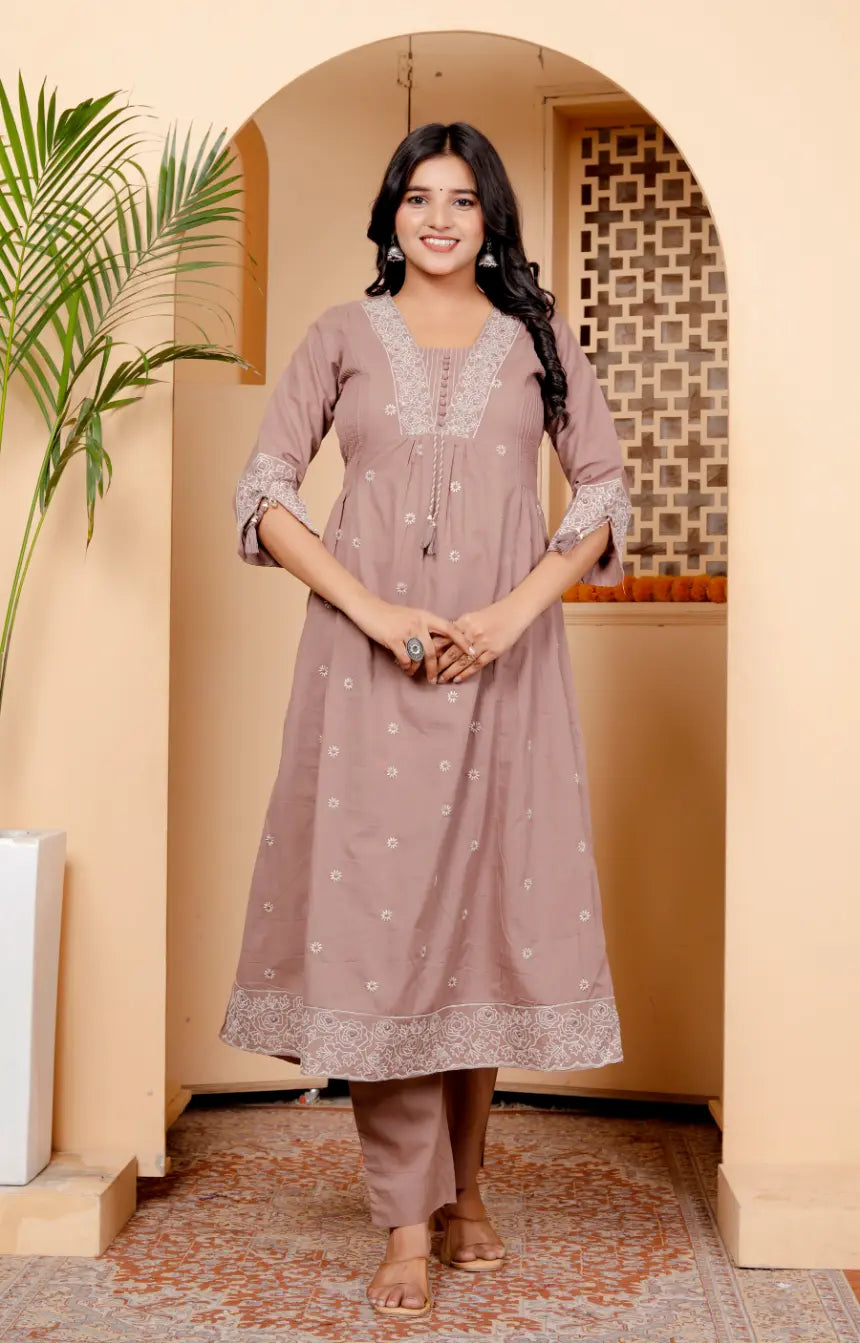 Brown Pure Cotton Kurti and Bottom Set