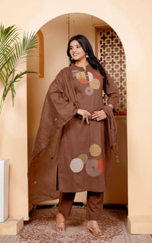 Brown Pure Cotton Kurti Bottom and Dupatta Set