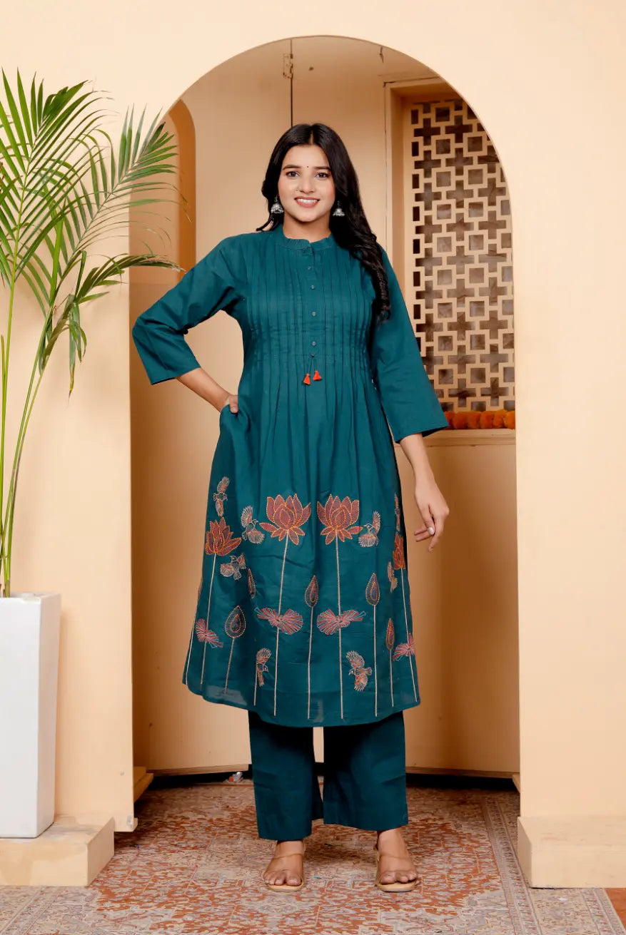 Blue Pure Cotton Kurti and Bottom Set