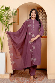 Purple Chanderi Silk Kurti Bottom and Dupatta Set