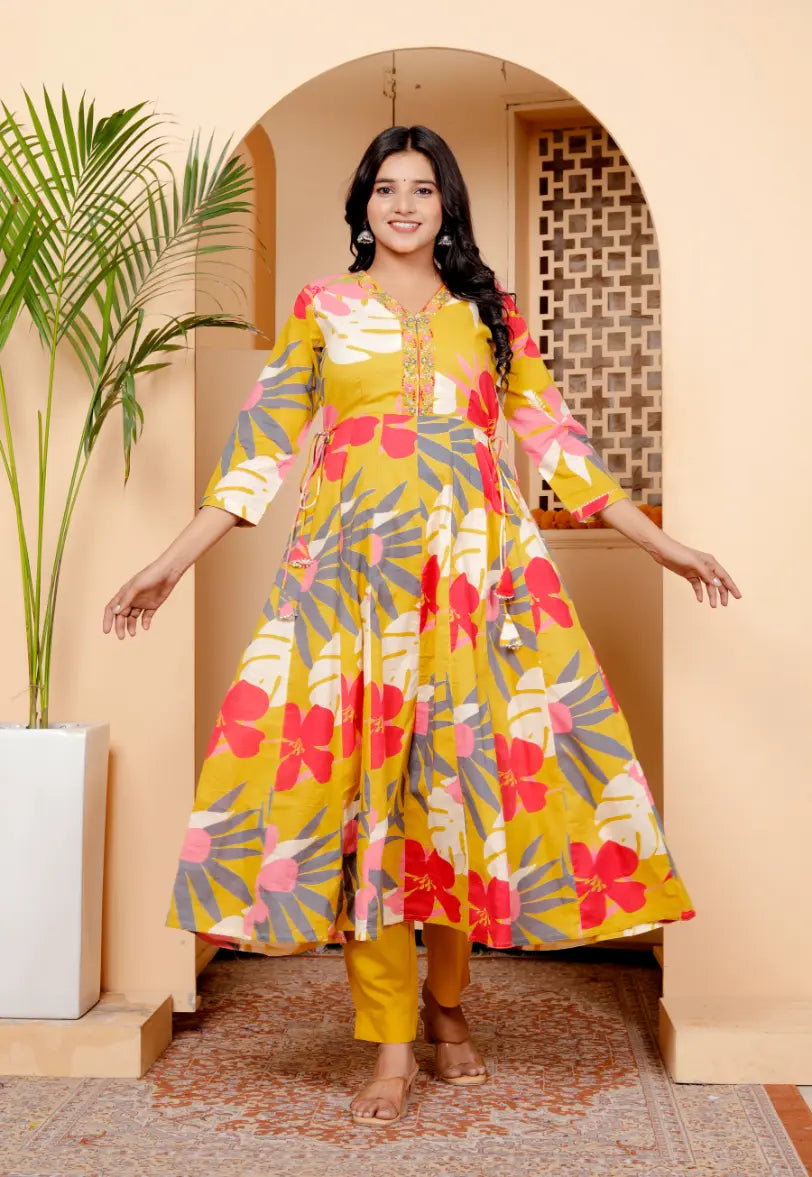 Yellow Pure Cotton Kurti Bottom and Dupatta Set