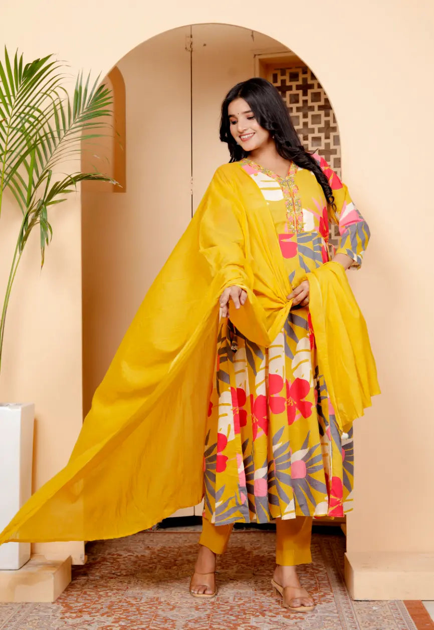 Yellow Pure Cotton Kurti Bottom and Dupatta Set