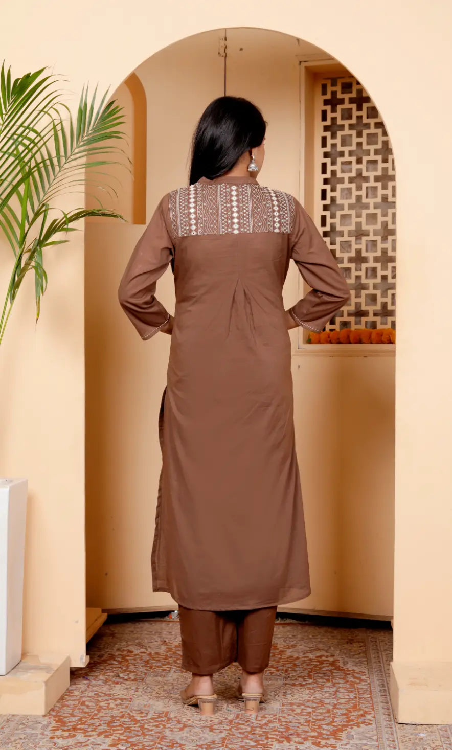 Brown Pure Cotton Kurti Bottom and Dupatta Set