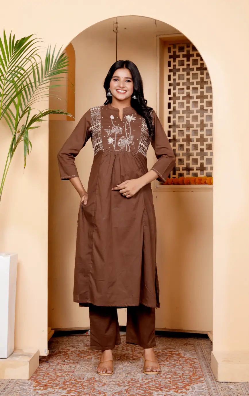 Brown Pure Cotton Kurti Bottom and Dupatta Set