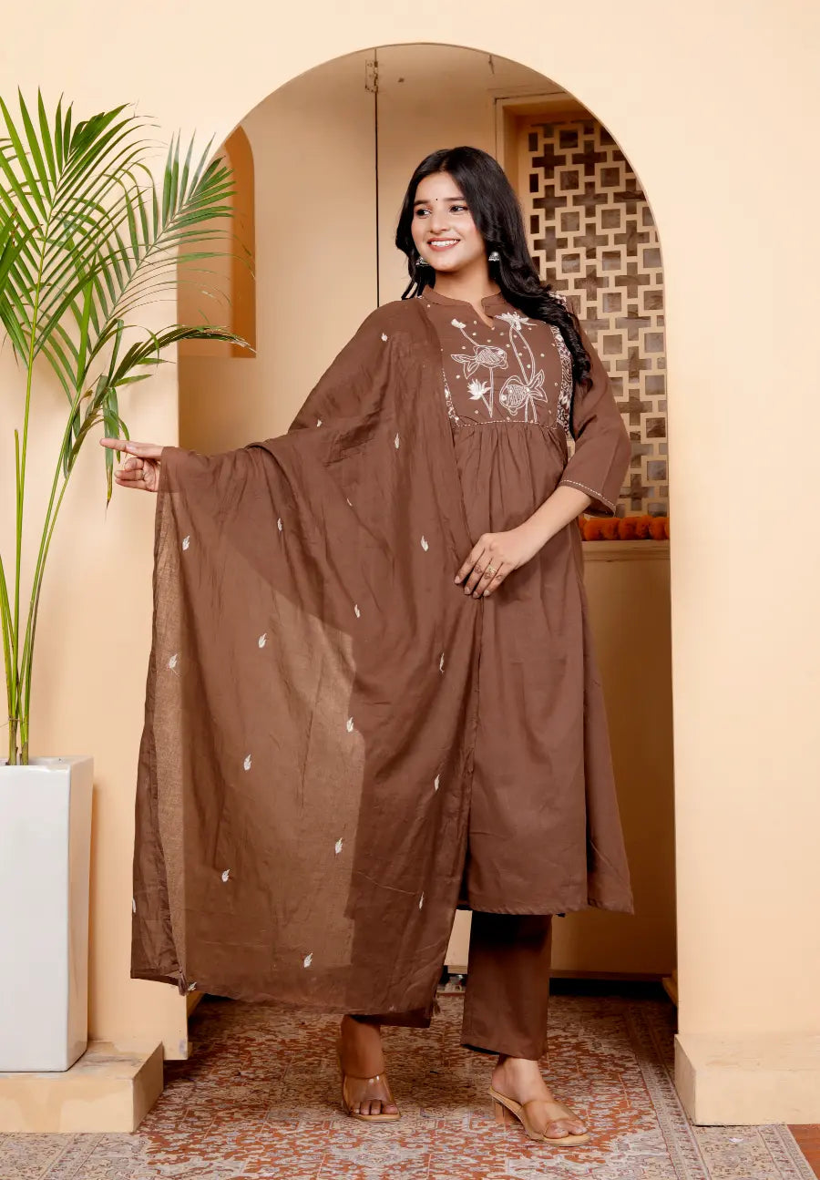 Brown Pure Cotton Kurti Bottom and Dupatta Set
