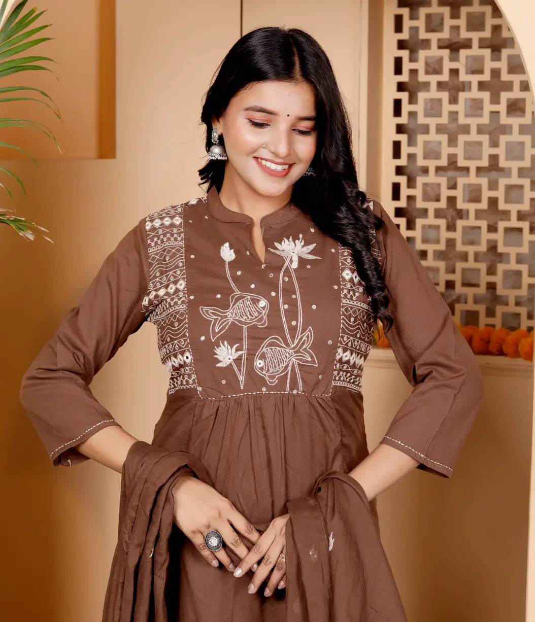 Brown Pure Cotton Kurti Bottom and Dupatta Set