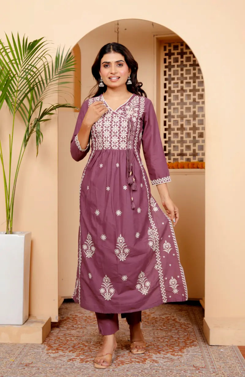 Purple Pure Cotton Kurti Bottom and Dupatta Set
