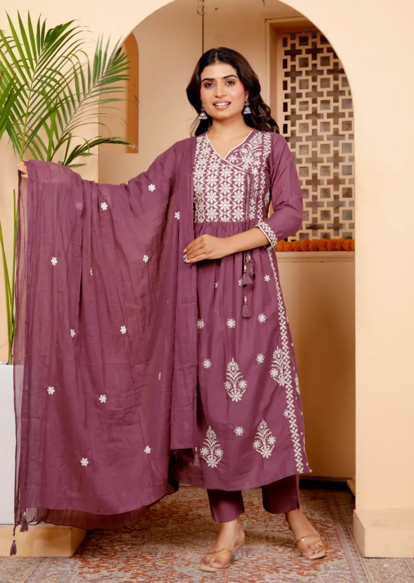 Purple Pure Cotton Kurti Bottom and Dupatta Set