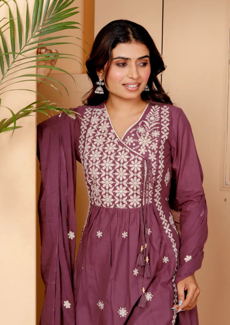 Purple Pure Cotton Kurti Bottom and Dupatta Set