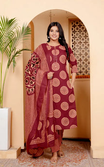 Rust Pure Cotton Kurti Bottom and Dupatta Set