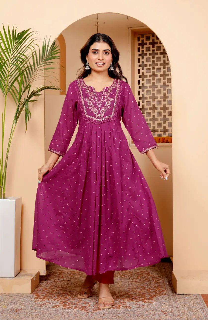 Wine Pure Cotton Kurti Bottom and Dupatta Set