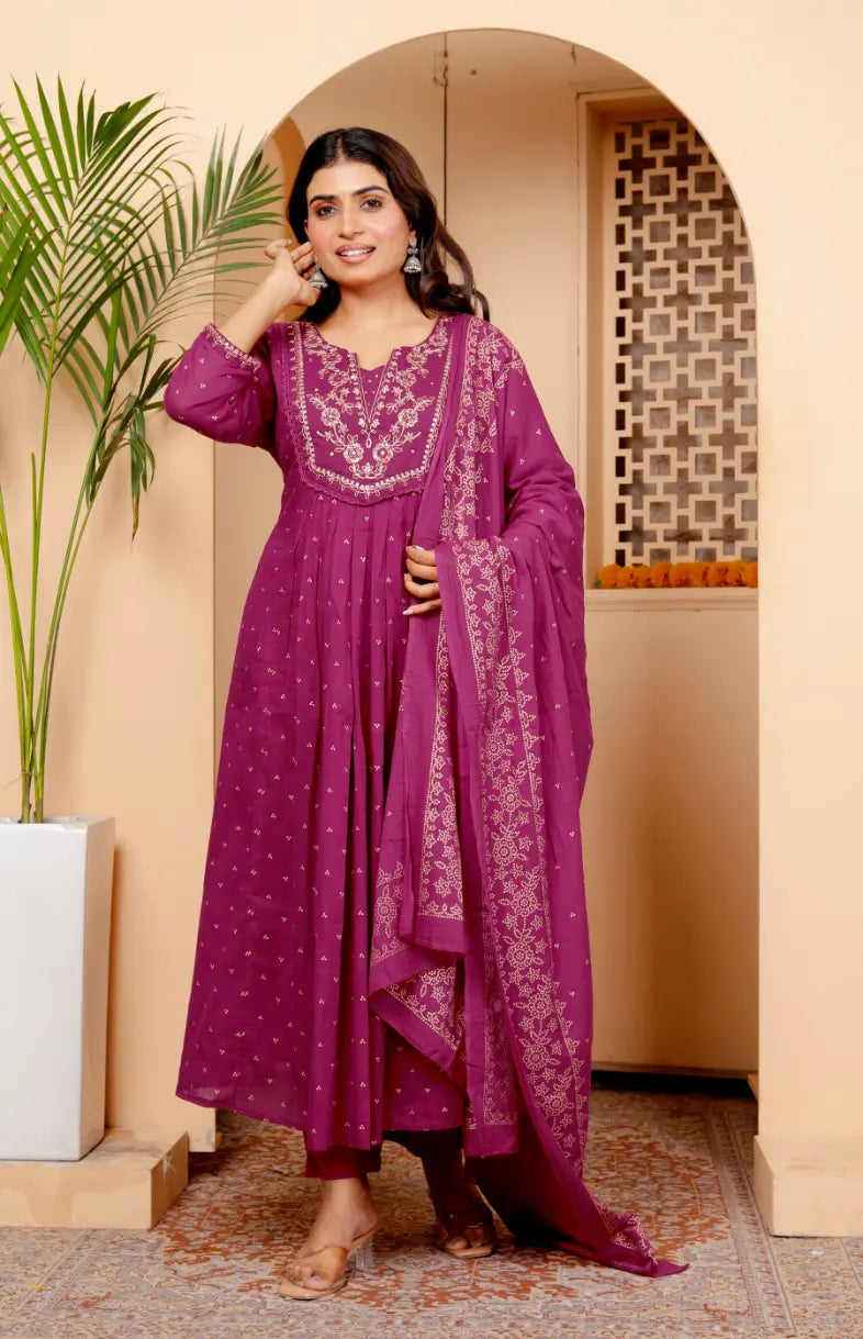 Wine Pure Cotton Kurti Bottom and Dupatta Set