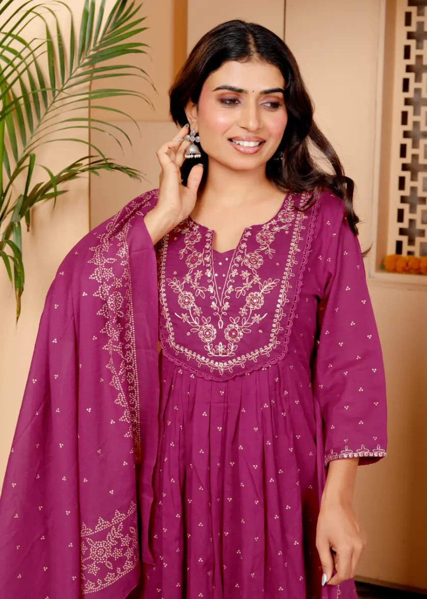 Wine Pure Cotton Kurti Bottom and Dupatta Set