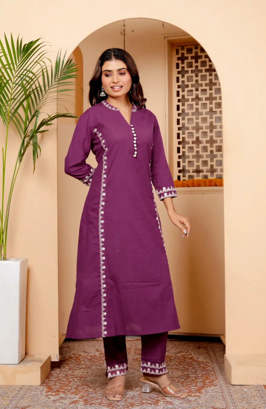 Purple Pure Cotton Kurti and Bottom Set