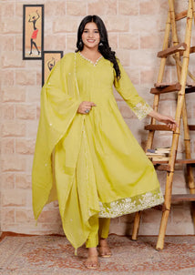 Parrot Green Pure Cotton Kurti Bottom and Dupatta Set