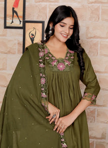 Mehandi Green Pure Cotton Kurti Bottom and Dupatta Set