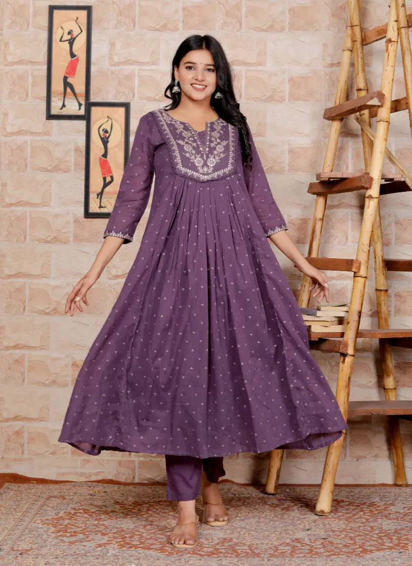 Purple Pure Cotton Kurti Bottom and Dupatta Set
