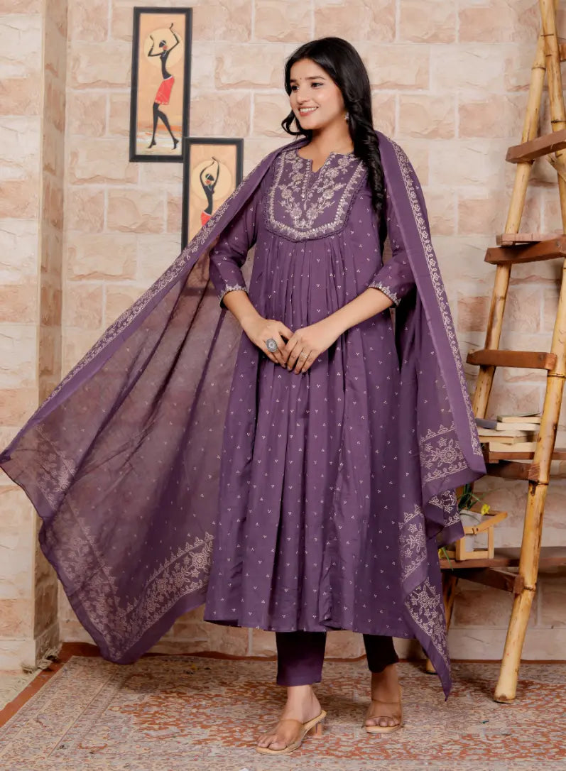 Purple Pure Cotton Kurti Bottom and Dupatta Set