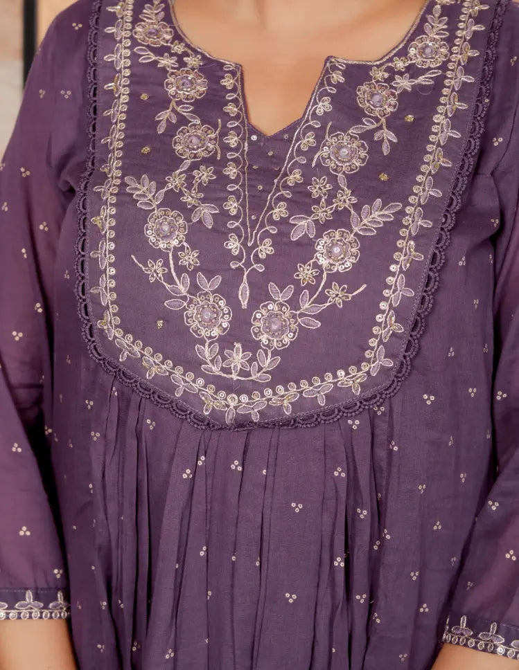 Purple Pure Cotton Kurti Bottom and Dupatta Set