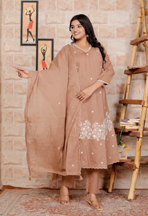 Beige Pure Cotton Kurti Bottom and Dupatta Set