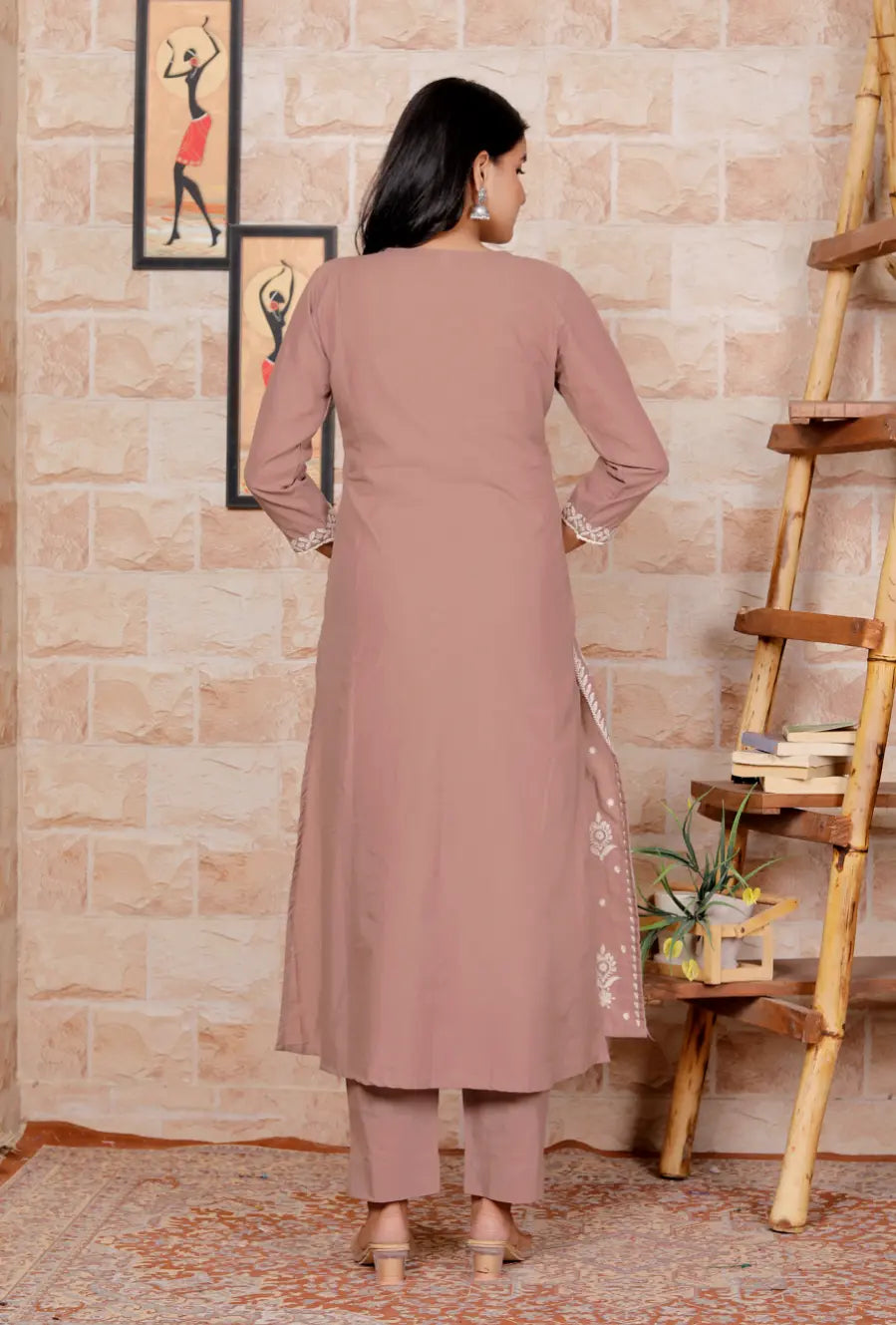 Beige Pure Cotton Kurti Bottom and Dupatta Set