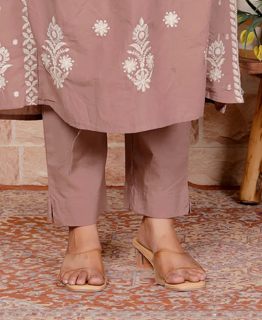 Beige Pure Cotton Kurti Bottom and Dupatta Set