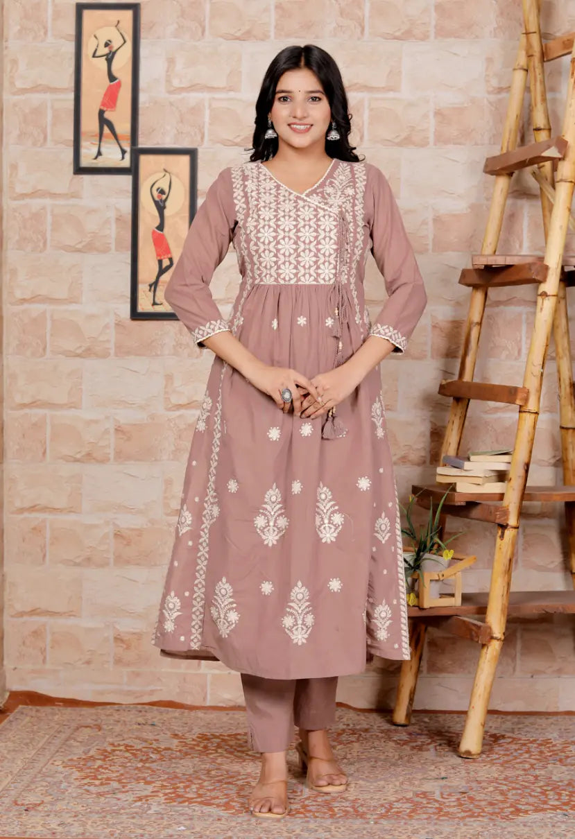 Beige Pure Cotton Kurti Bottom and Dupatta Set
