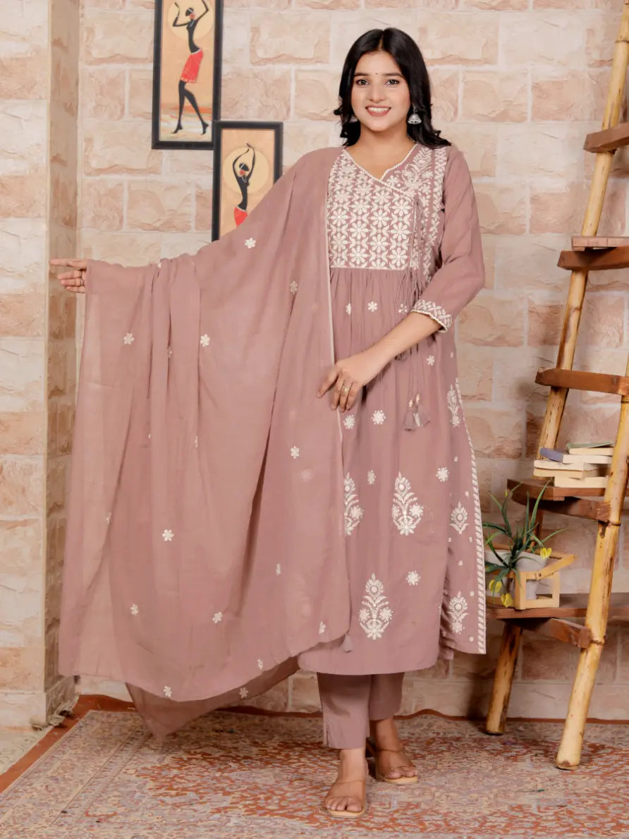 Beige Pure Cotton Kurti Bottom and Dupatta Set