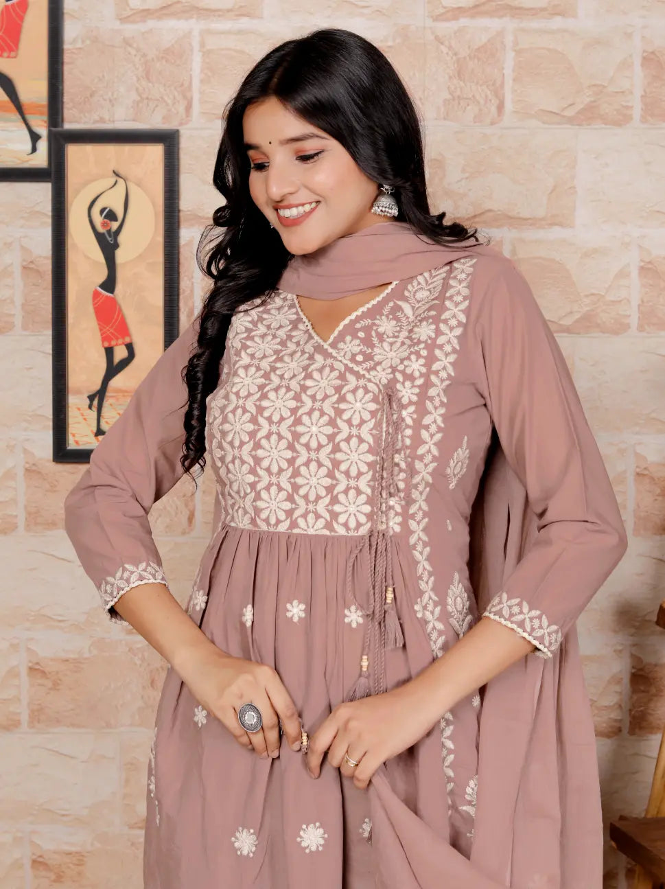 Beige Pure Cotton Kurti Bottom and Dupatta Set