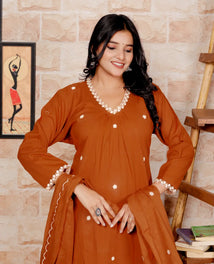 Rust Pure Cotton Kurti Bottom and Dupatta Set
