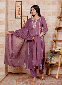 Purple Pure Cotton Kurti Bottom and Dupatta Set