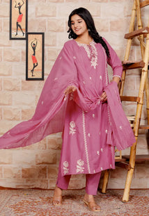 Onion Pink Pure Cotton Kurti Bottom and Dupatta Set