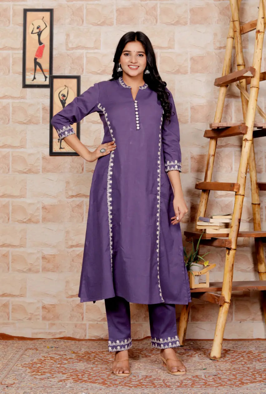 Purple Pure Cotton Kurti and Bottom Set