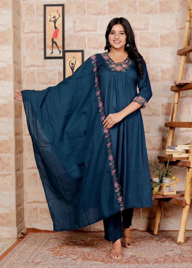 Blue Pure Cotton Kurti Bottom and Dupatta Set