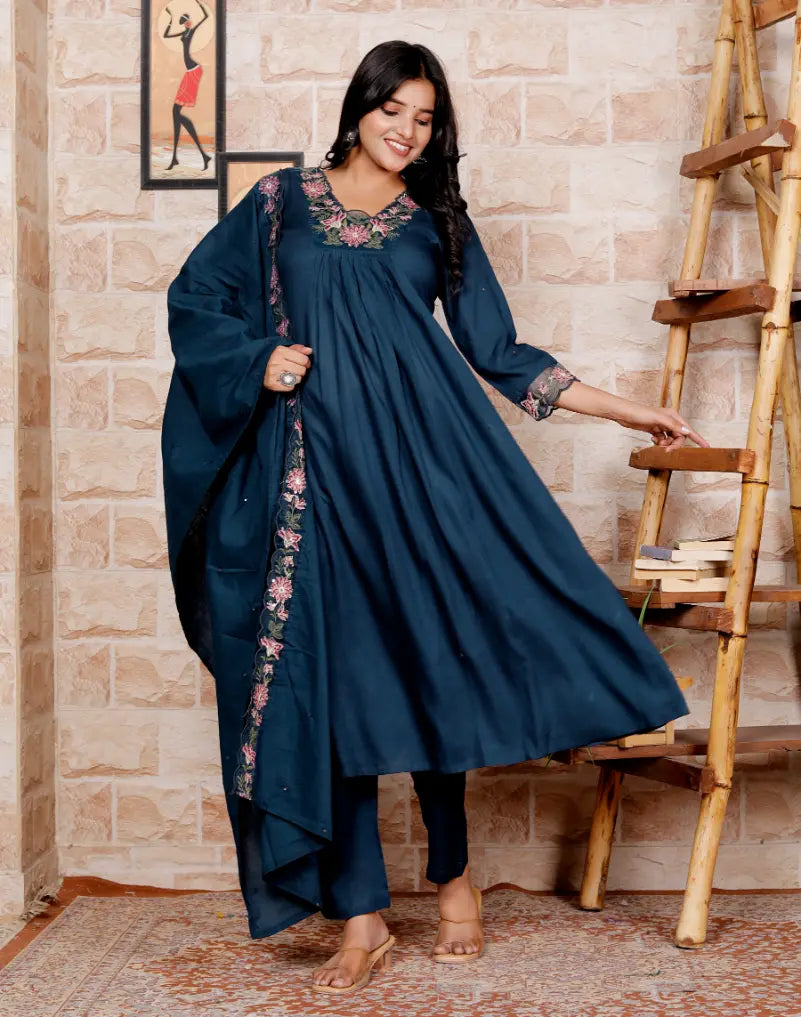 Blue Pure Cotton Kurti Bottom and Dupatta Set