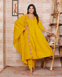 Yellow Pure Cotton Kurti Bottom and Dupatta Set
