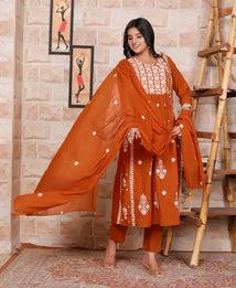 Rust Pure Cotton Kurti Bottom and Dupatta Set