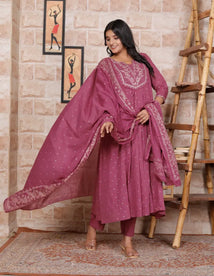 Onion Pink Pure Cotton Kurti Bottom and Dupatta Set