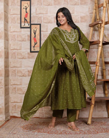 Mehandi Green Pure Cotton Kurti Bottom and Dupatta Set