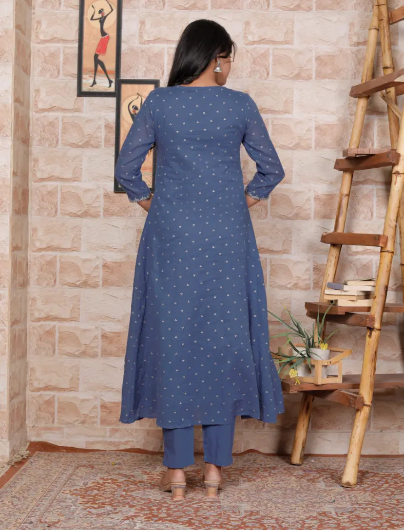 Blue Pure Cotton Kurti Bottom and Dupatta Set