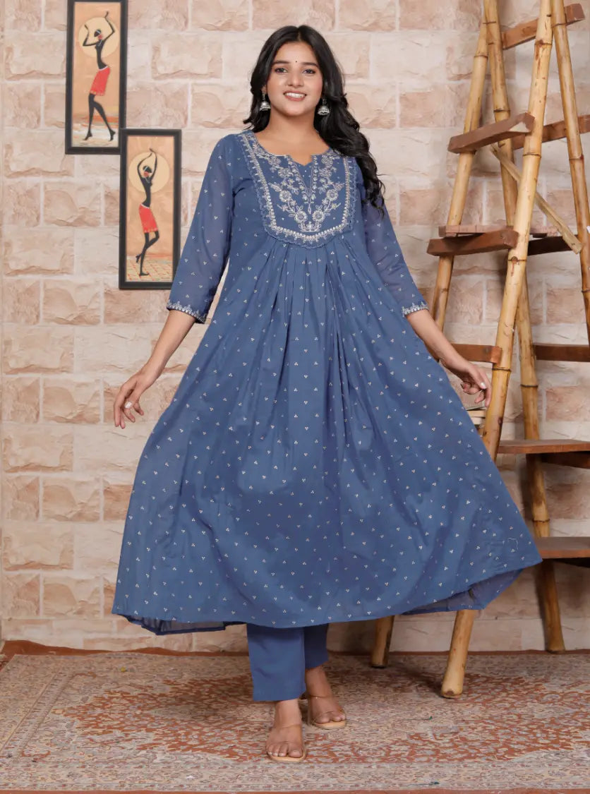 Blue Pure Cotton Kurti Bottom and Dupatta Set