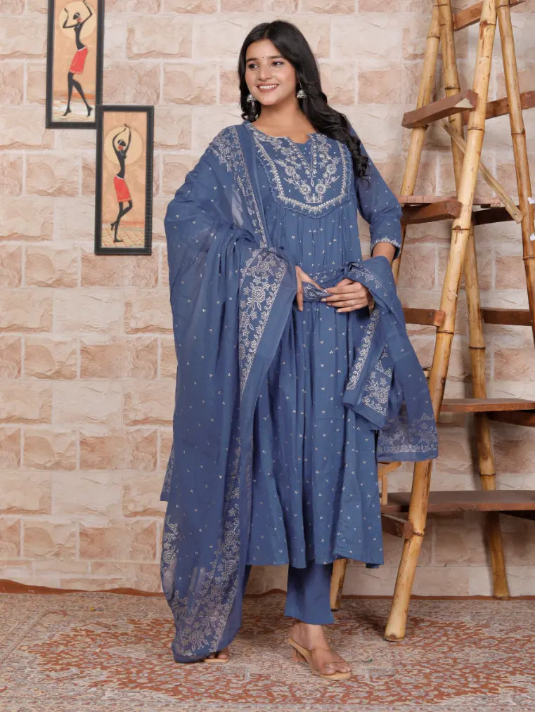 Blue Pure Cotton Kurti Bottom and Dupatta Set
