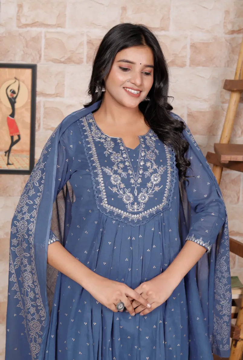 Blue Pure Cotton Kurti Bottom and Dupatta Set