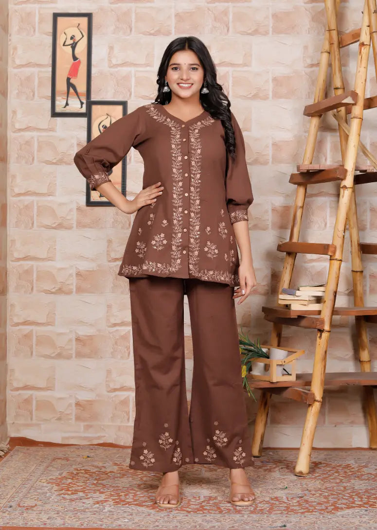Brown Pure Cotton Kurti and Bottom Set