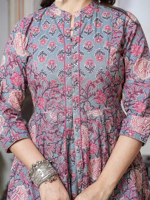 Gery with pink floral long Kurti with dupatta