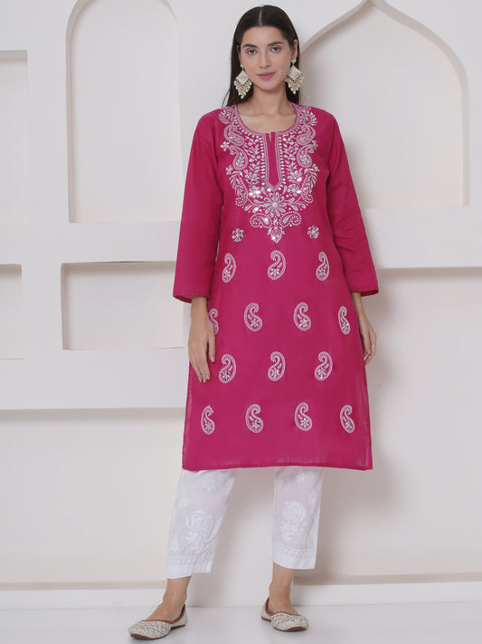 Dark pink cotton chikankari kurti for women