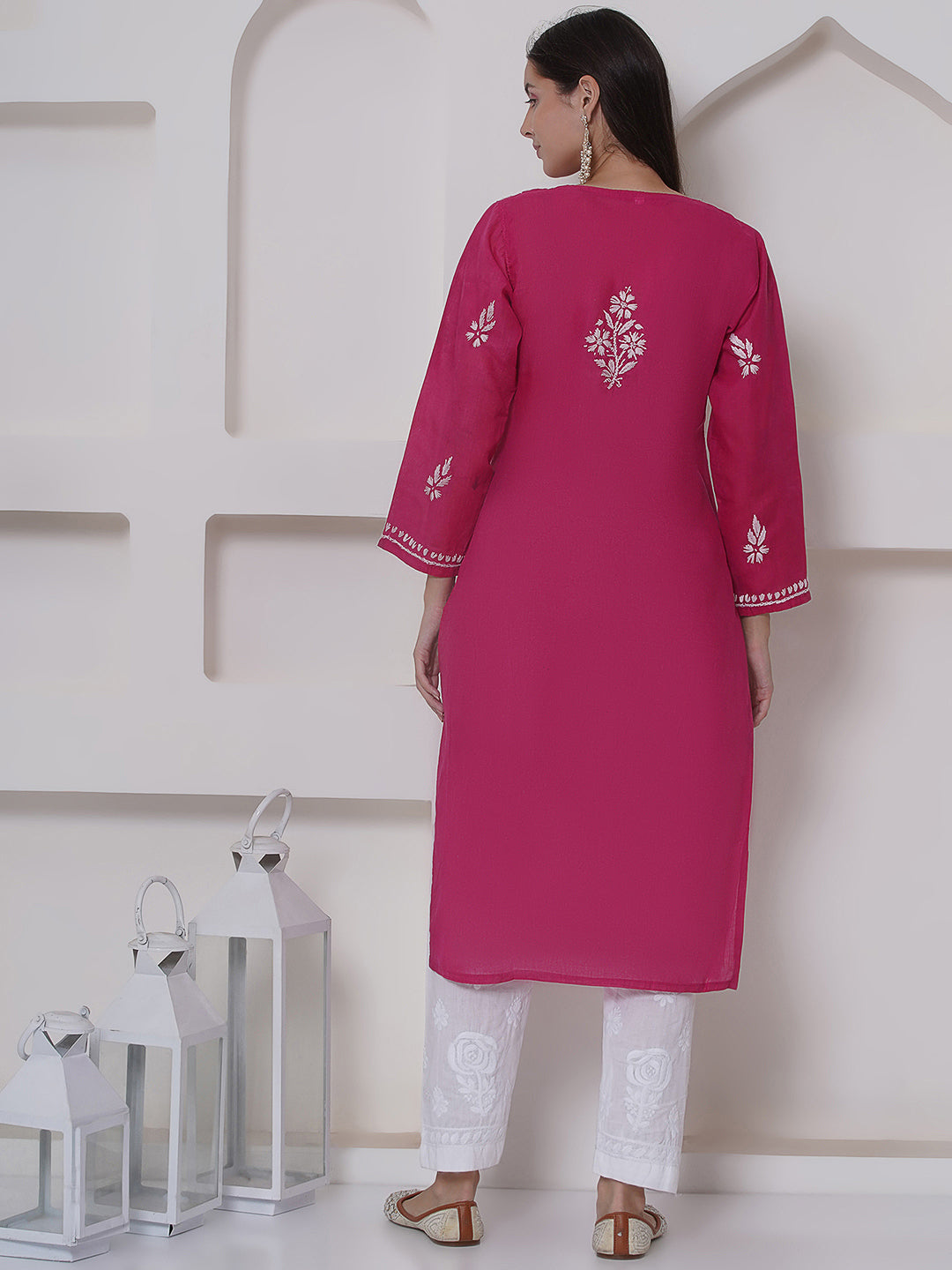 Dark pink cotton chikankari kurti for women